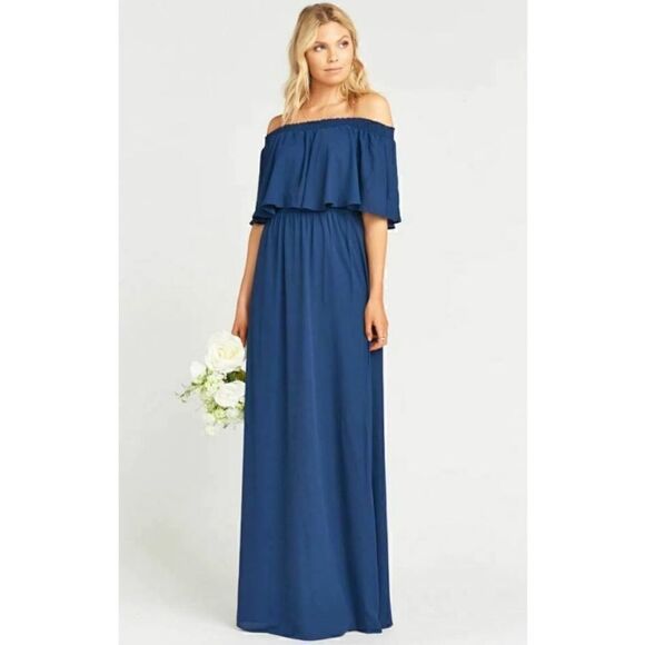 Show Me Your Mumu Hacienda Off The Shoulder Maxi Dress Rich Navy Crisp Size XXS - Picture 4 of 16